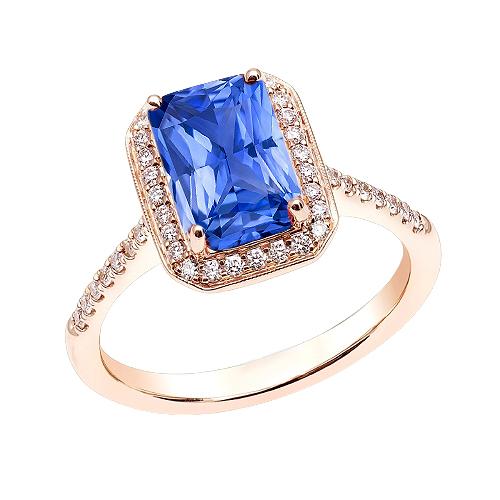 Halo Ring Radiant Blue Sapphire & Diamonds Rose Gold 3.50 Carats