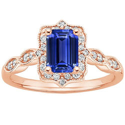 Halo Ring Rose Gold 14K Emerald Blue Sapphire & Natural Earth Mined Diamond 4 Carats