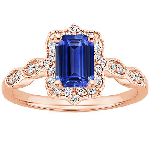 Halo Ring Rose Gold 14K Emerald Blue Sapphire & Diamond 4 Carats