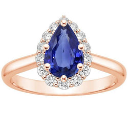 Halo Ring Rose Gold Pear Shape Blue Sapphire & Natural Earth Mined Diamonds 3.75 Carats
