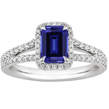 Halo Ring Split Shank Emerald Ceylon Sapphire & Diamonds 4 Carats