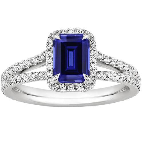 Halo Ring Split Shank Emerald Ceylon Sapphire & Diamonds 4 Carats