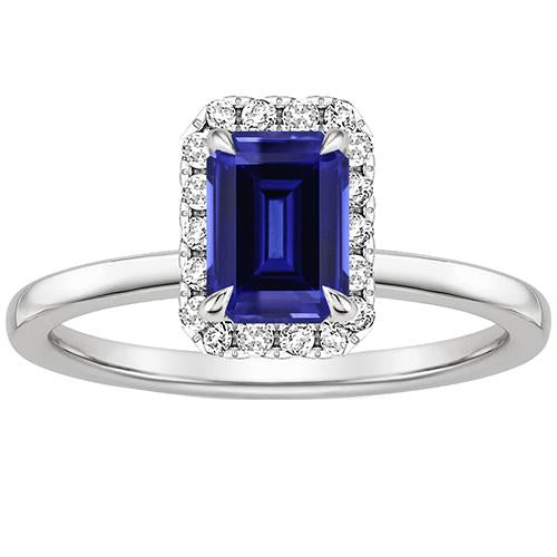 Halo Ring Sri Lankan Sapphire & Diamond 4 Carats Emerald Cut