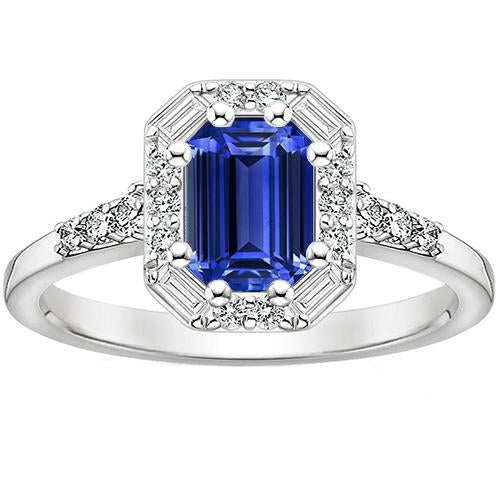 Halo Ring Sri Lankan Sapphire & Diamond 4 Carats Emerald Cut