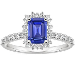 Halo Ring Star Style Ceylon Sapphire & Natural Earth Mined Diamond 4.50 Carats