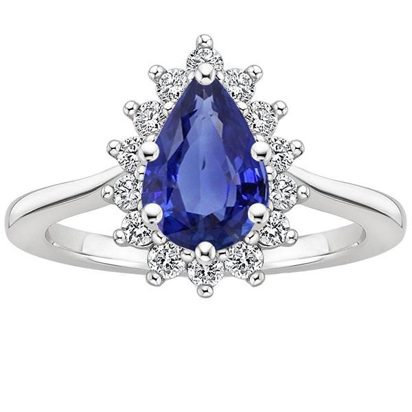 Halo Ring Star Style Pear Ceylon Sapphire & Diamonds 3.50 Carats