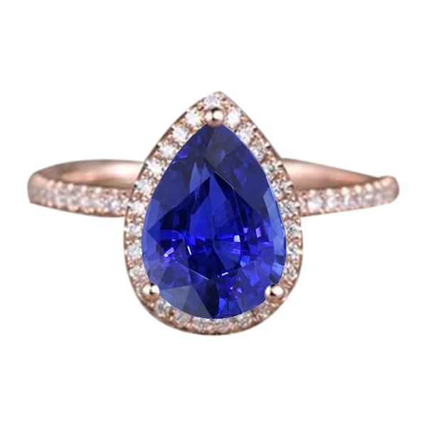 Halo Ring Teardrop Style Ceylon Sapphire & Diamonds 3.75 Carats