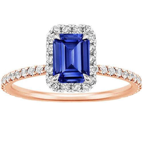 Halo Ring Two Tone Gold Ceylon Sapphire & Diamond 4.25 Carats