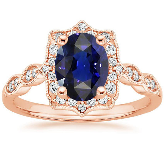 Halo Ring Vintage Style Oval Ceylon Sapphire & Diamonds 3.75 Carats