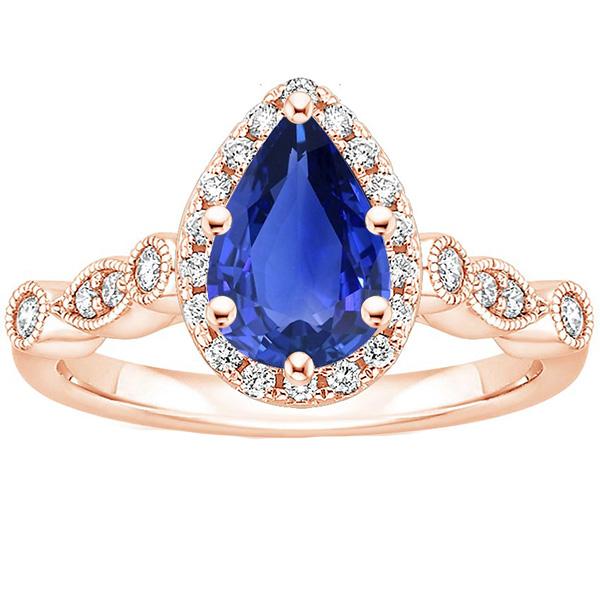 Halo Ring Vintage Style Pear Blue Sapphire & Diamonds 4 Carats