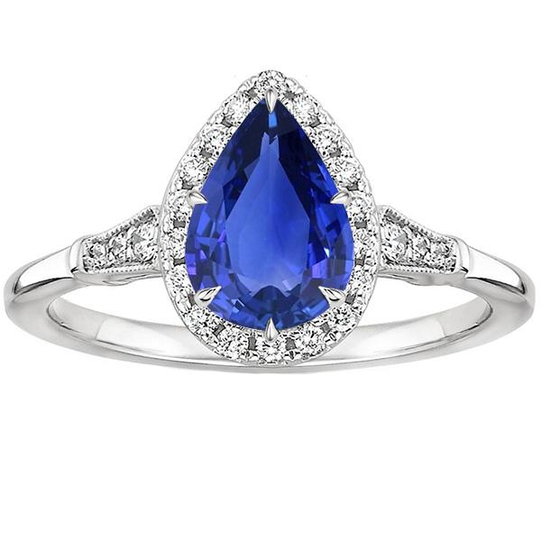 Halo Ring Vintage Style Pear Sri Lankan Sapphire & Diamonds 3.50 Carats