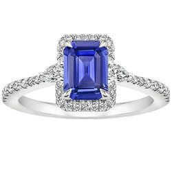 Halo Ring White Gold 14K Emerald Blue Sapphire & Natural Earth Mined Diamond 4.25 Carats