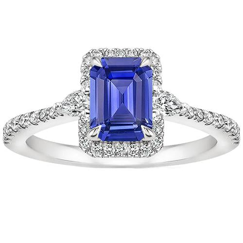 Halo Ring White Gold 14K Emerald Blue Sapphire & Diamond 4.25 Carats