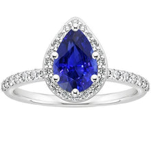 Halo Ring White Gold 14K Pear Ceylon Sapphire & Diamonds 3.75 Carats