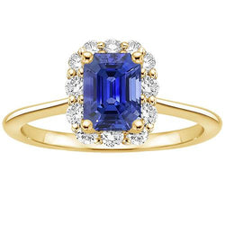 Halo Ring Yellow Gold 14K Ceylon Sapphire & Natural Earth Mined Diamond 4.25 Carats
