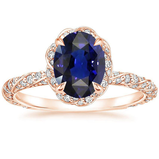 Halo Rose Gold Ring Twist Style Ceylon Sapphire & Diamonds 3.50 Carats