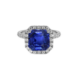 Halo Round Natural Earth Mined Diamond & Asscher Cut Blue Sapphire Ring 5.75 Carats New