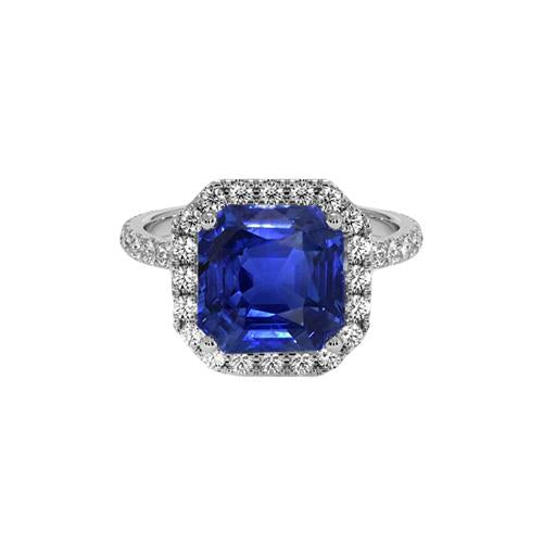 Halo Round Diamond & Asscher Cut Blue Sapphire Ring 5.75 Carats New