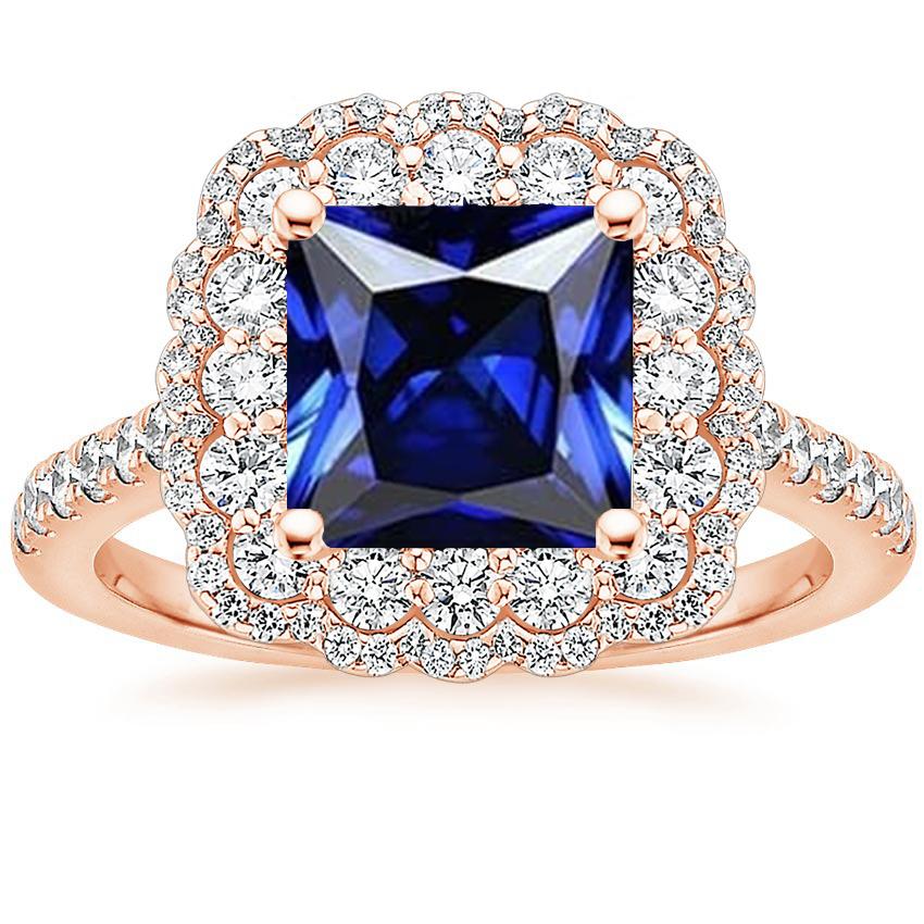 Halo Round Diamond Ring Flower Style Princess Blue Sapphire 7 Carats