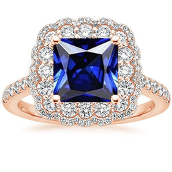 Halo Round Diamond Ring Flower Style Princess Blue Sapphire 7 Carats