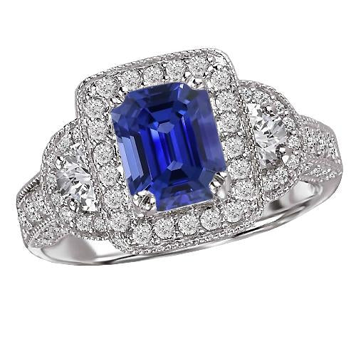 Halo Round & Half Moon Diamond Blue Sapphire Ring Emerald Cut 4 Carats