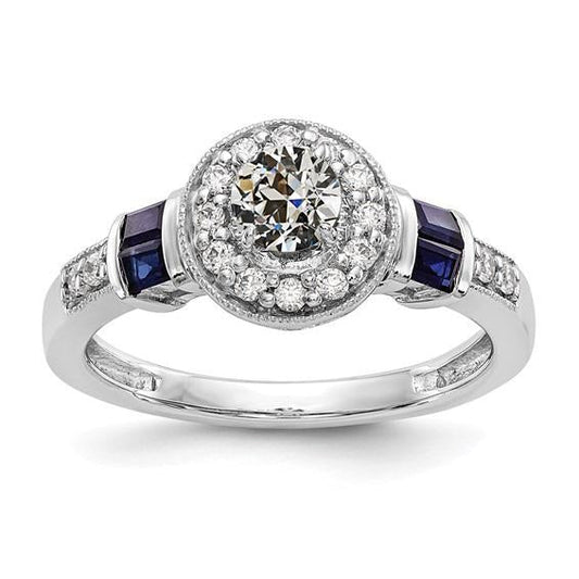 Halo Round Old Miner Diamond & Princess Sapphires Ring 2.50 Carats