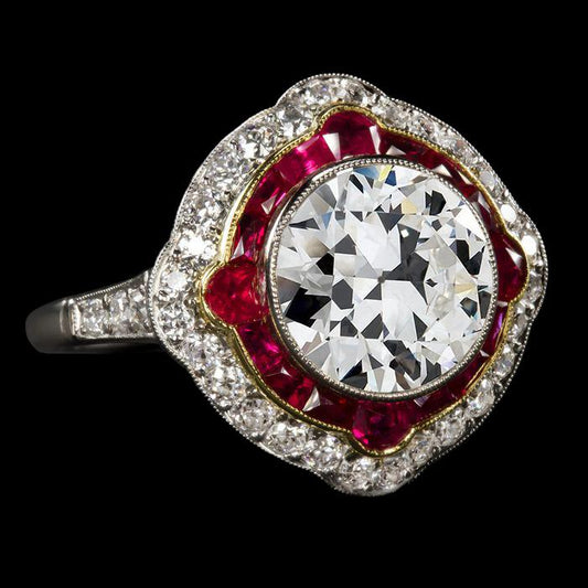 Halo Round Old Miner Diamond & Rubies Ring Gold Jewelry 6.50 Carats