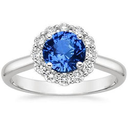 Halo Round Sapphire and Natural Earth Mined Diamond Engagement Ring 3.35 Carats New