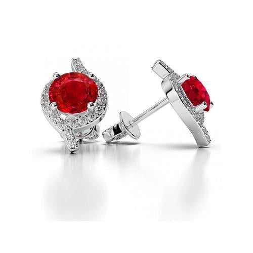 Halo Ruby And Diamonds Studs Earrings 5.30 Ct White Gold 14K