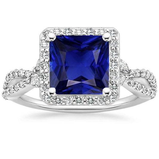 Halo Sapphire Diamond Ring Princess Cut Twisted Shank Gold 6.25 Carats
