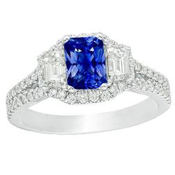 Halo Sapphire Engagement Ring 4 Carats Trapezoids & Pave Set Diamonds