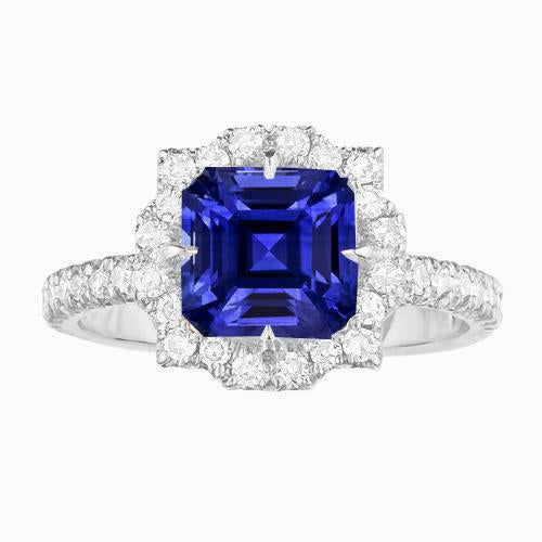 Halo Sapphire Engagement Ring Flower Style Asscher Cut 3.50 Carats