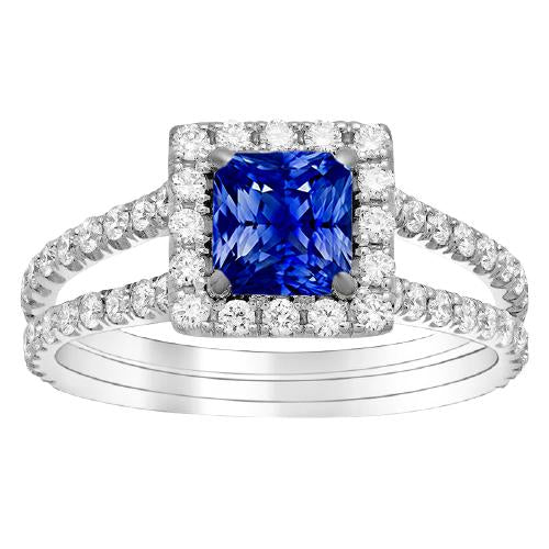 Halo Sapphire Engagement Ring Set Pave Diamond Gold Band 3 Carats