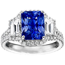 Halo Sapphire Gemstone Ring 6 Carats Emerald & Round Diamonds Pave Set
