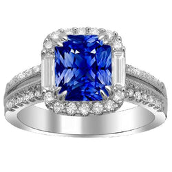 Halo Sapphire Ring Baguette & Round Accents 4.50 Carats Split Shank