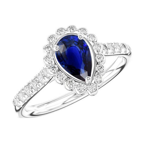 Halo Srilanka Sapphire Ring Pear White Gold & Diamonds 4 Carats