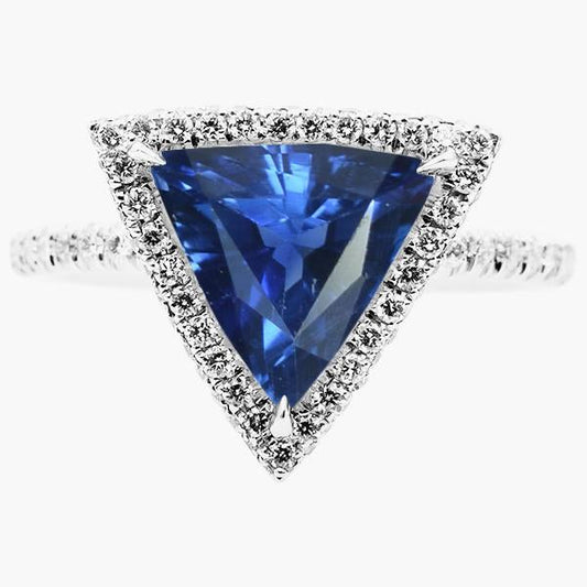 Halo Trillion Sapphire Ring 5 Carats Pave Set Diamond Accents Gold 14K