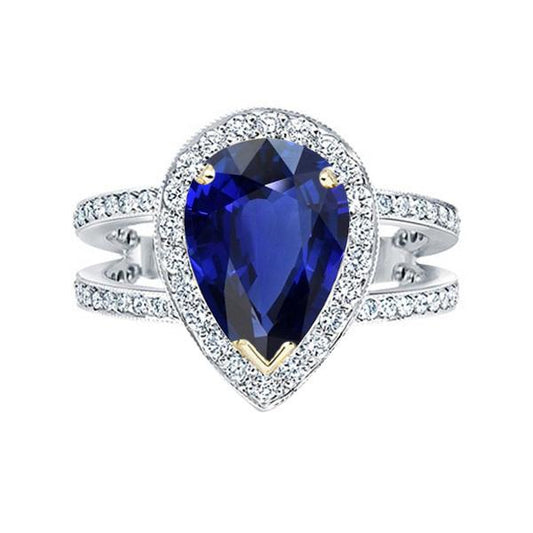Halo Two Tone Gold Deep Blue Sapphire & Diamond Ring 4.50 Carats