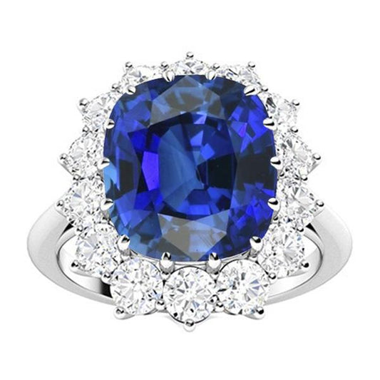 Halo Wedding Ring Cushion Blue Sapphire 6 Carats Flower Style Diamonds