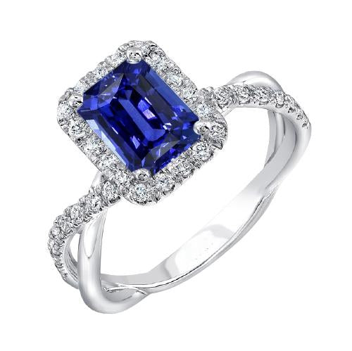 Halo Wedding Ring Emerald Blue Sapphire Gold Twisted Shank 3.50 Carats