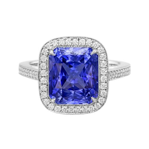 Halo Wedding Ring Radiant Blue Sapphire 3.50 Carats Diamond Accents