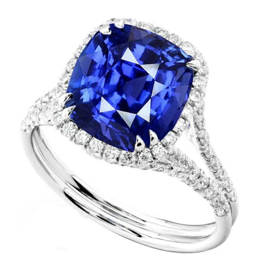 Halo Wedding Ring Set Cushion Sapphire Split Shank Jewelry 6 Carats