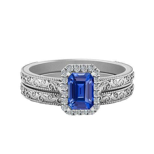 Halo Wedding Ring Set Emerald Blue Sapphire 2.50 Carats Antique Style