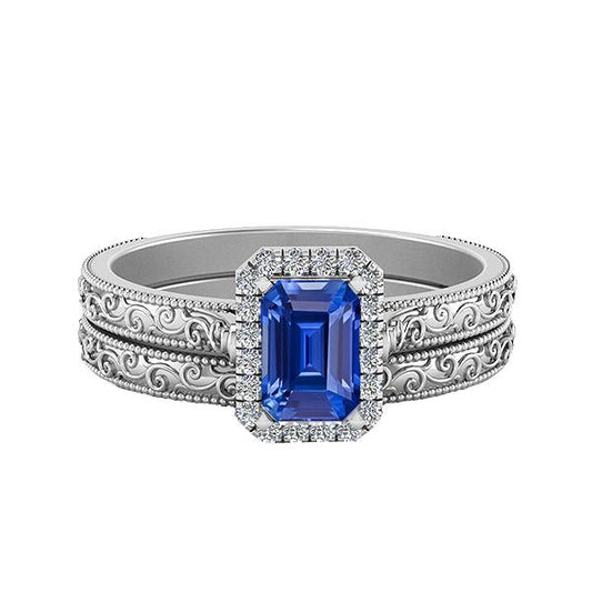 Halo Wedding Ring Set Emerald Blue Sapphire 2.50 Carats Antique Style