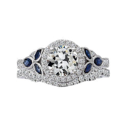 Halo Wedding Ring Set Old Cut Natural Earth Mined Diamond & Marquise Sapphires 6 Carats