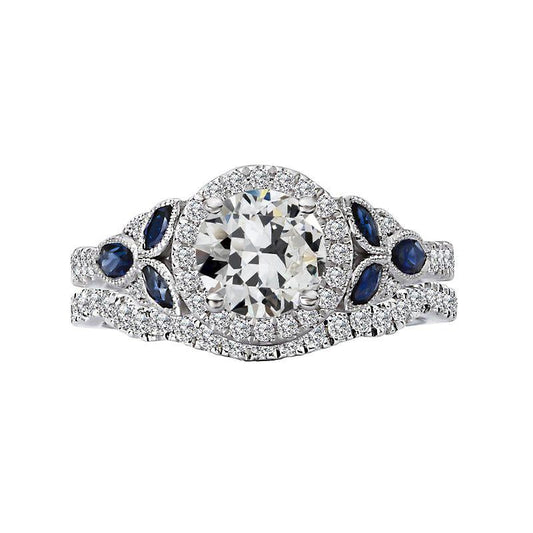 Halo Wedding Ring Set Old Cut Diamond & Marquise Sapphires 6 Carats