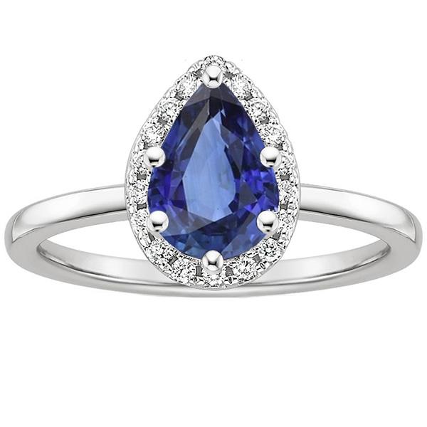 Halo White Gold Ring Pear Blue Sapphire & Diamonds 4 Carats