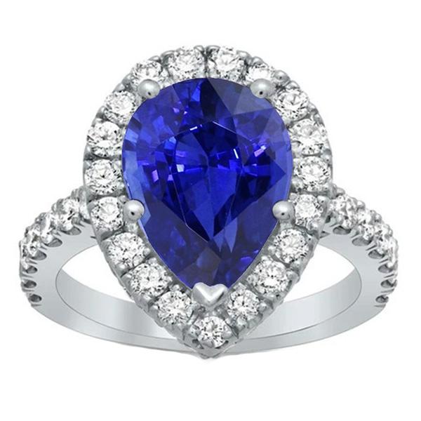 Halo White Gold Ring Pear Sri Lankan Sapphire & Diamonds 6 Carats
