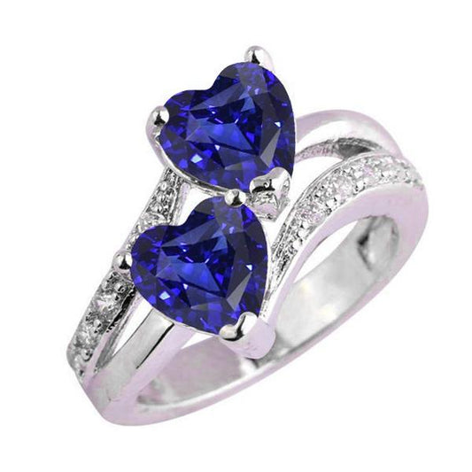 Heart Blue Sapphire Diamond Ring 2 Stone Split Shank 3.50 Carats