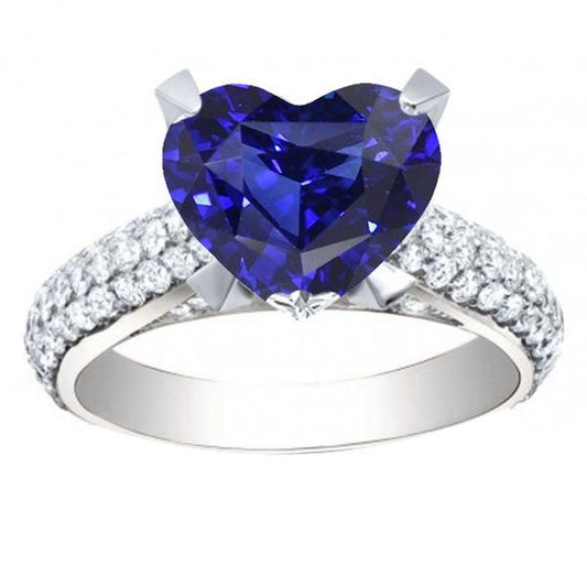 Heart Blue Sapphire Diamond Ring 5 Carats White Gold Jewelry